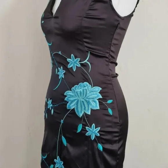 Y2K Jane Norman black satin oriental dress size 10 pencil wiggle vintage floral - Picture 2 of 12